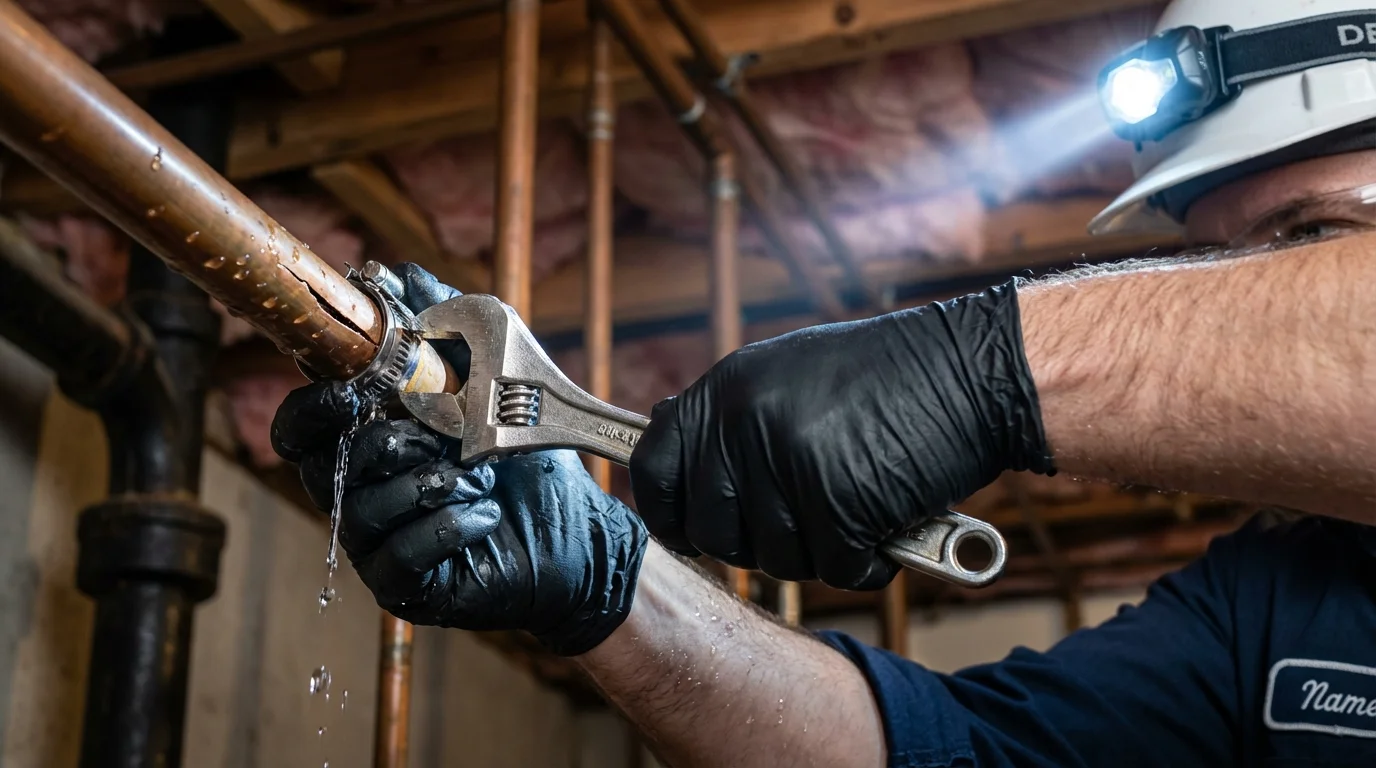 Emergency pipe clamp repair being performed by a Johns Plumbing LLC plumber in Kissimmee