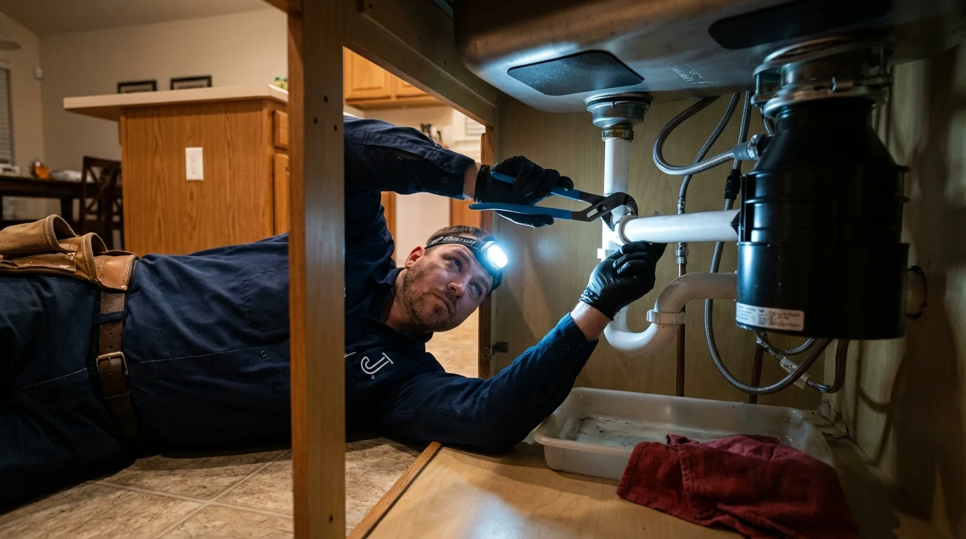 P-trap and supply line connections under a kitchen sink showing a common leak point in Kissimmee, FL
